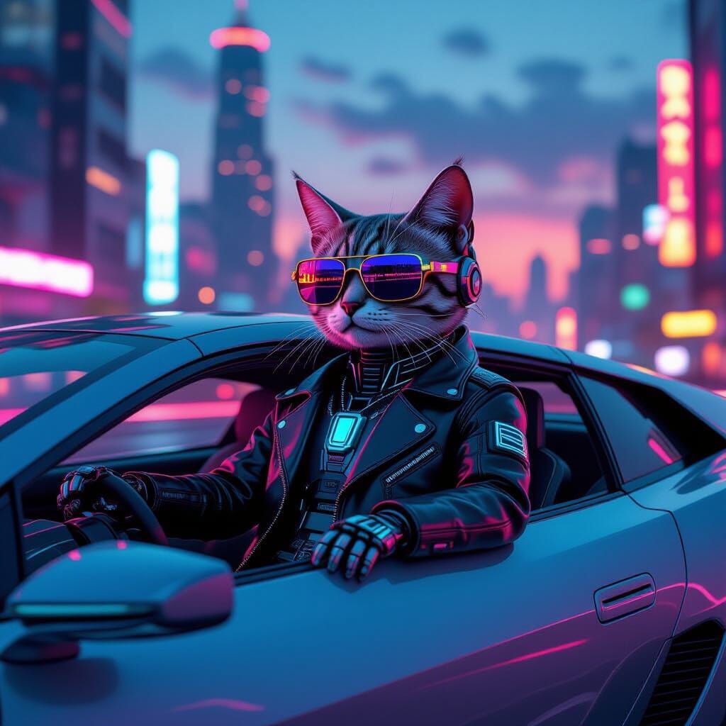 Futuristic Car with Robotic Cat in Cyberpunk Cityscape
