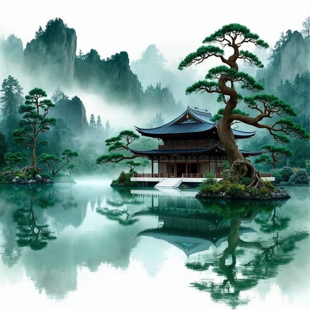 Serenity Found: Japanese Monastery Amidst Foggy Lake