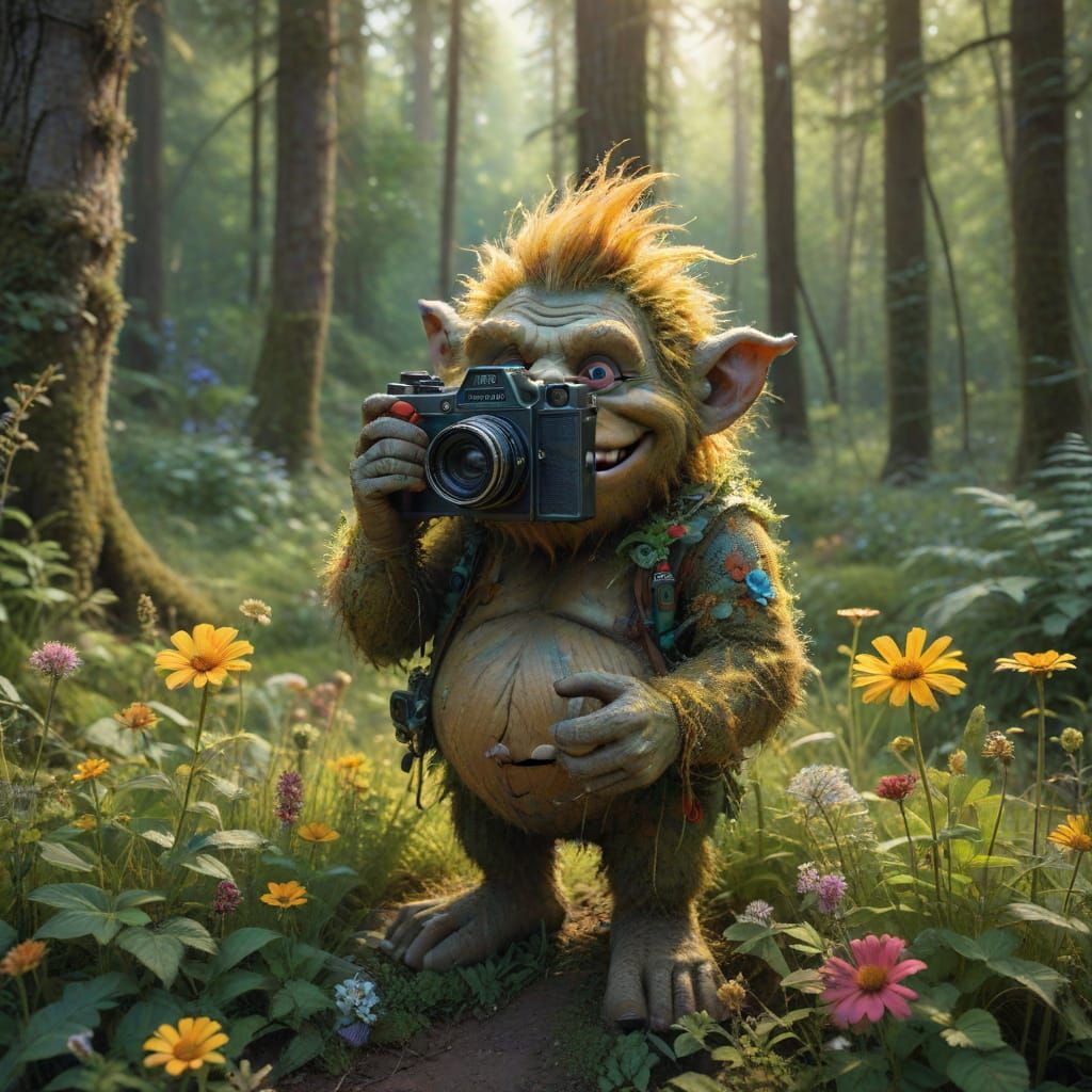 Whimsical Troll in a Sun-Dappled Forest with Vintage Camera