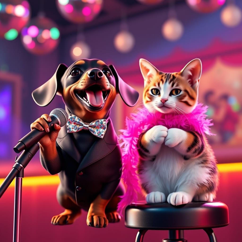 Tiny Dachshund Sings in a Karaoke Bar in Hyper-Realistic Sty...