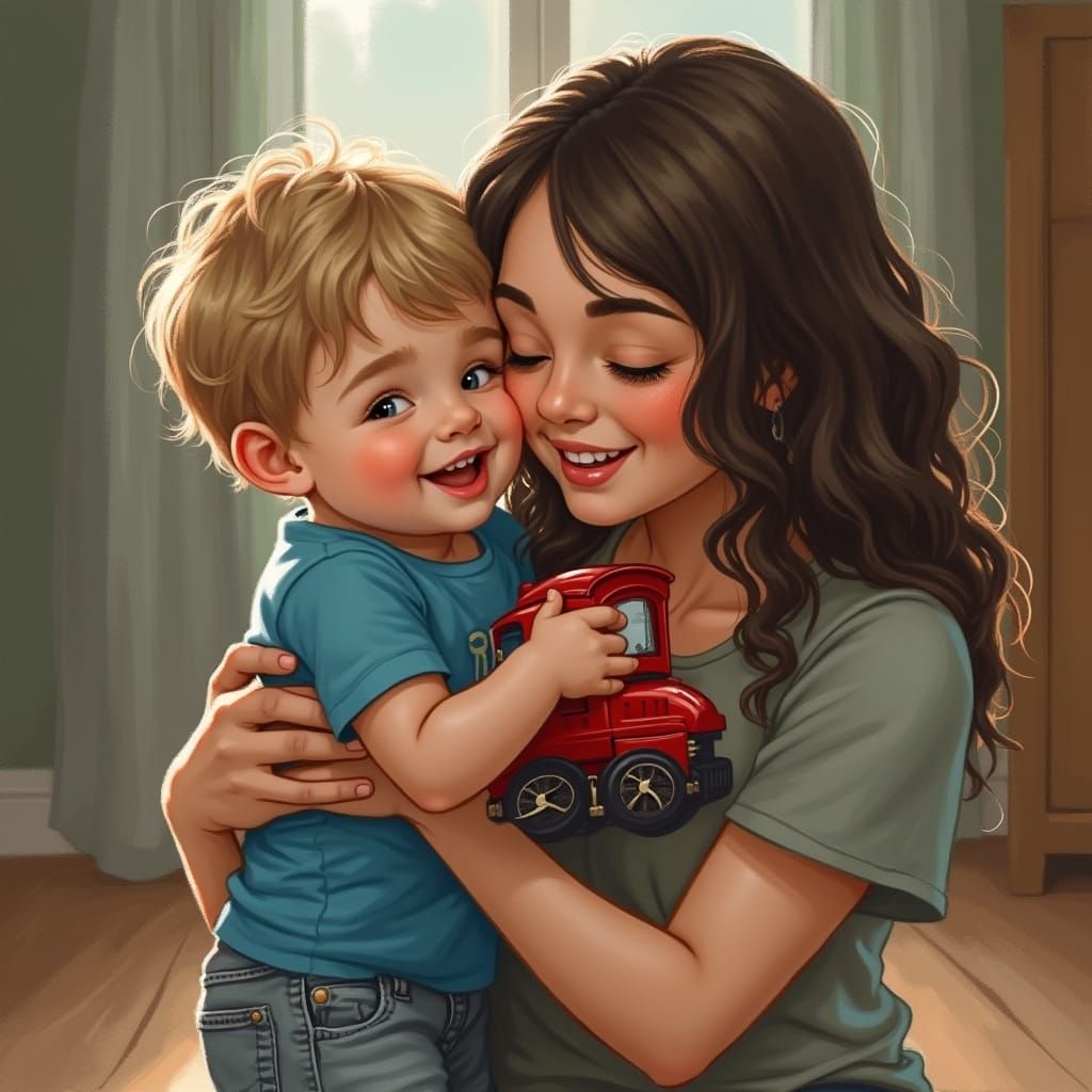 Heartwarming Embrace: Boy and Mother in Classic Art Style
