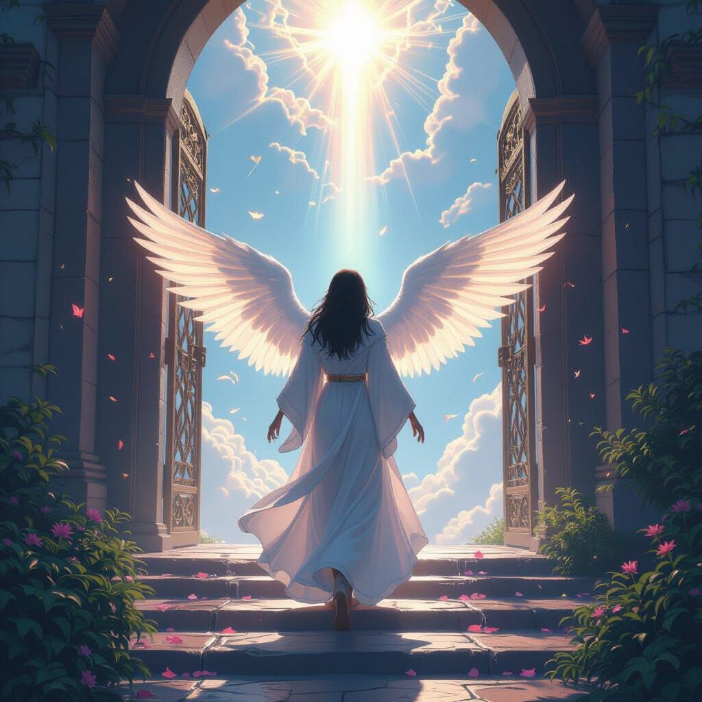 Radiant Angel Approaching Heaven's Gates in 3D Anime Style