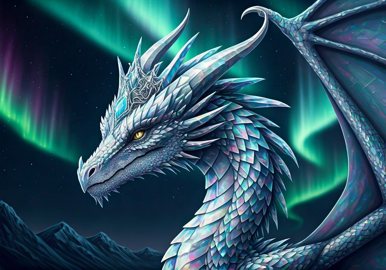 Iridescent Dragon Queen in Atmospheric Sci-Fi Landscape