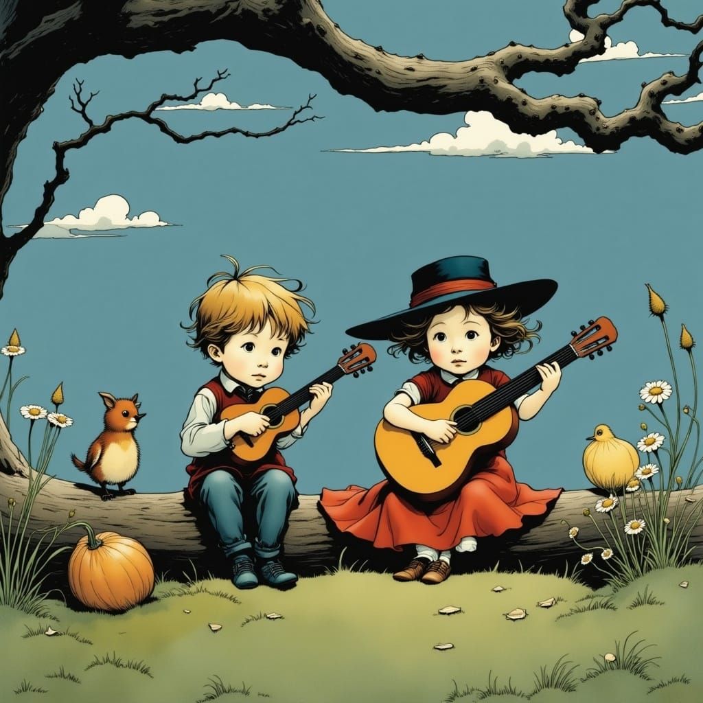 Whimsical Scene of a Young Musician in a Fanciful Past World