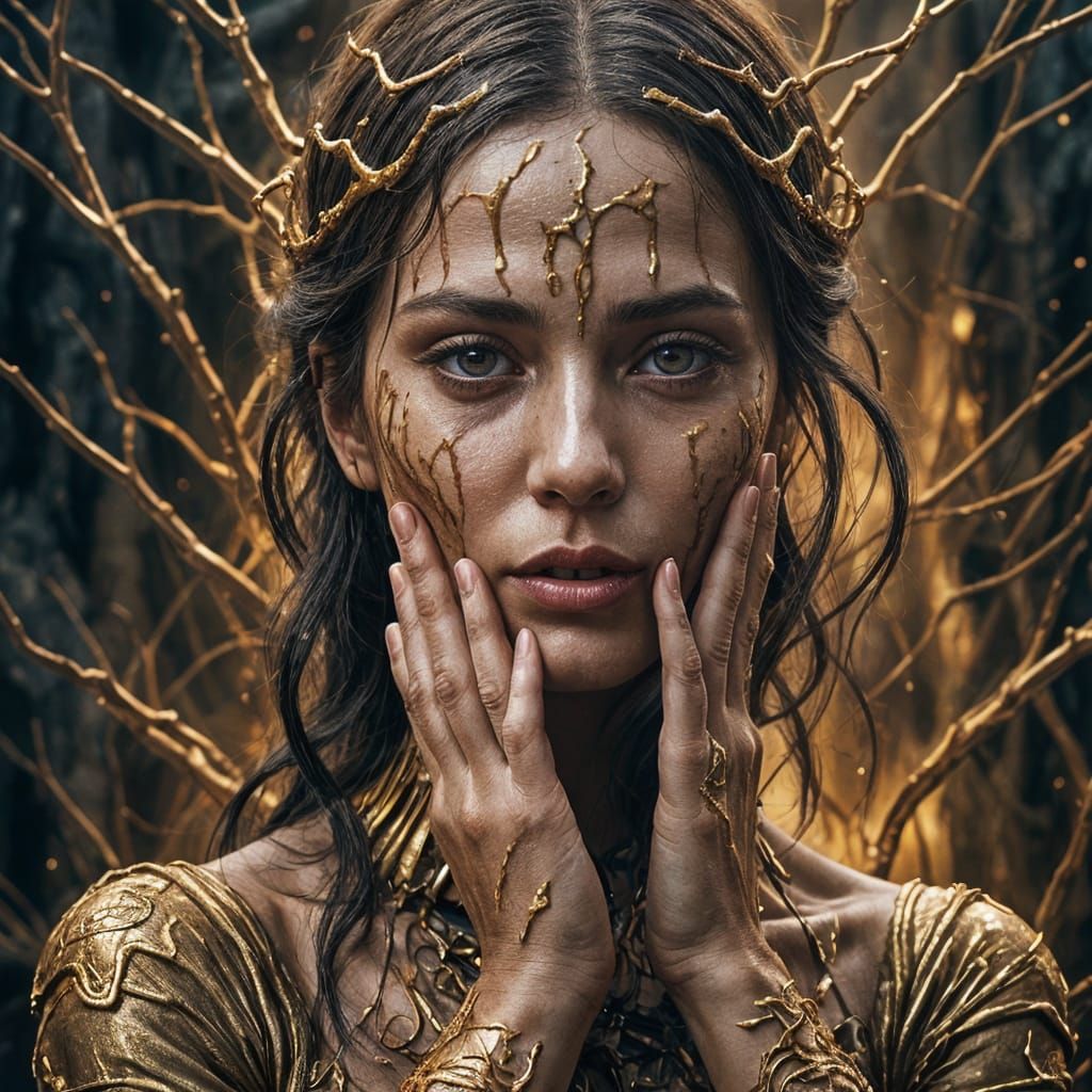 Woman with Golden Hands: Detailed Fantasy Art