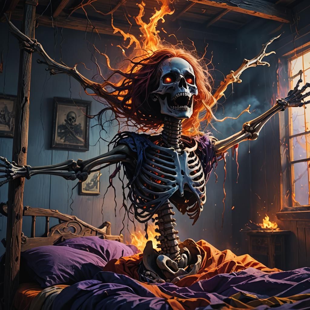 Ethereal Nightmare: Skeleton Woman Confronts Dark Entity