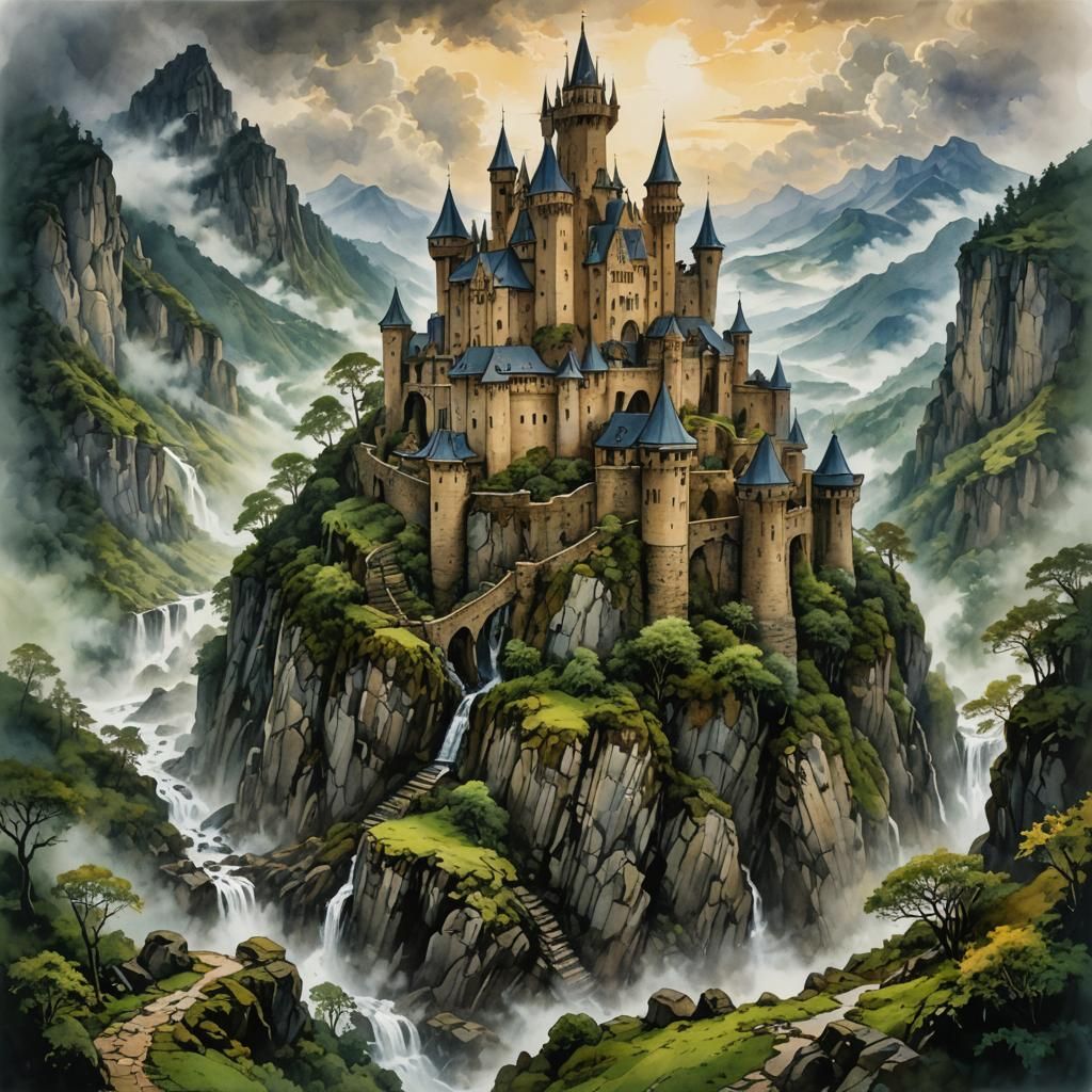 Mystical Castle Ruins Atop Mountain in Watercolor