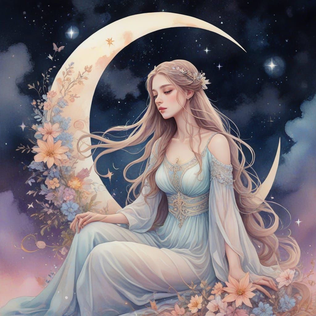 Ethereal Woman on Moon with Flowers in Watercolor Style