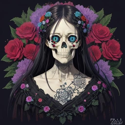 Skull Surrounded by Dew-Kissed Flowers in Anime Style