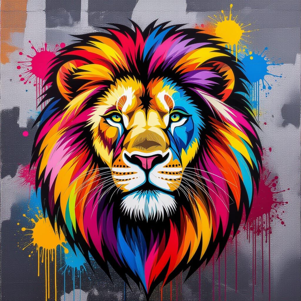 Vibrant Embroidered Lion Quilt in Graffiti Art Style