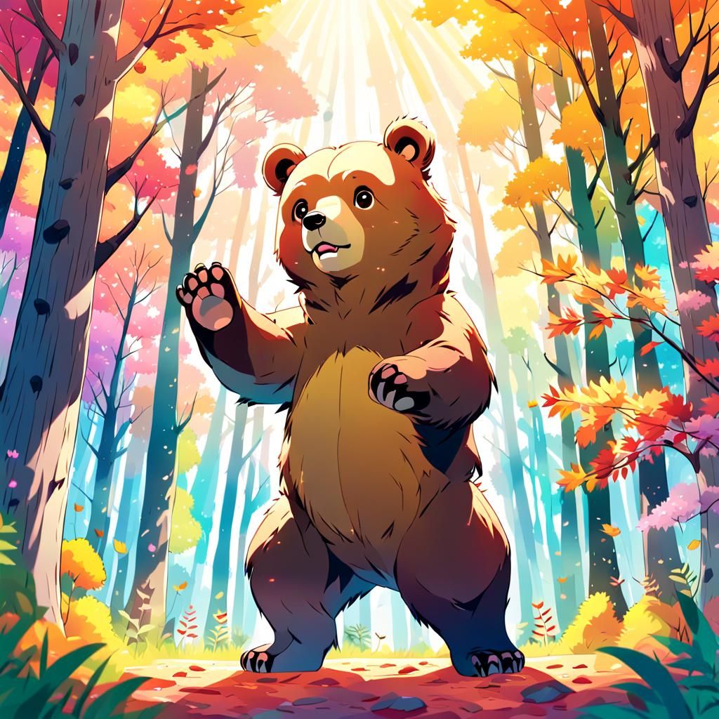 Anime Bear Cub in Colorful Forest