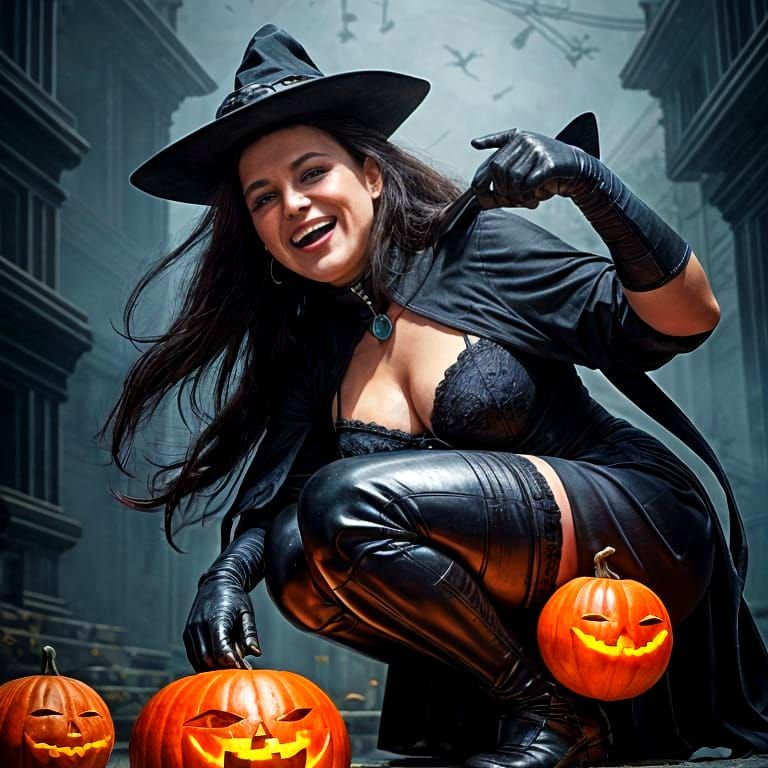 Chubby Witch Squatting by a Pumpkin in Matte Painting