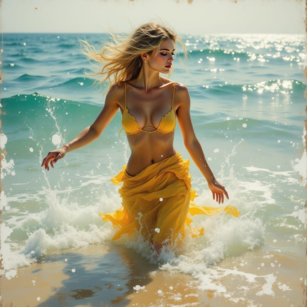 Ursula Andress Emerging From Sea in Watercolor Style