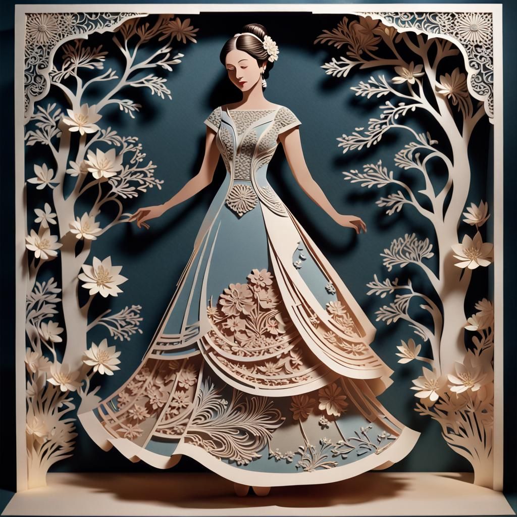 Elegant Woman Adorned in Paper-Cutting Dress