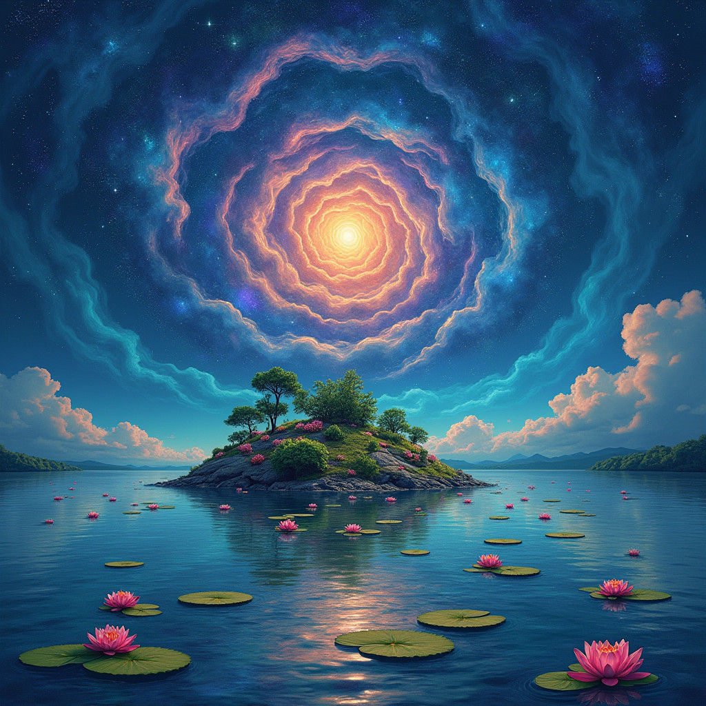 Lush Island Under Starry Sky in Cosmic Art Style