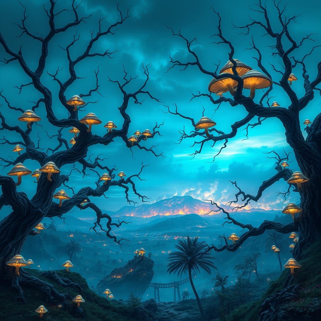 Majestic Ancient Trees Amidst a Fiery Gradient-Blue Inferno