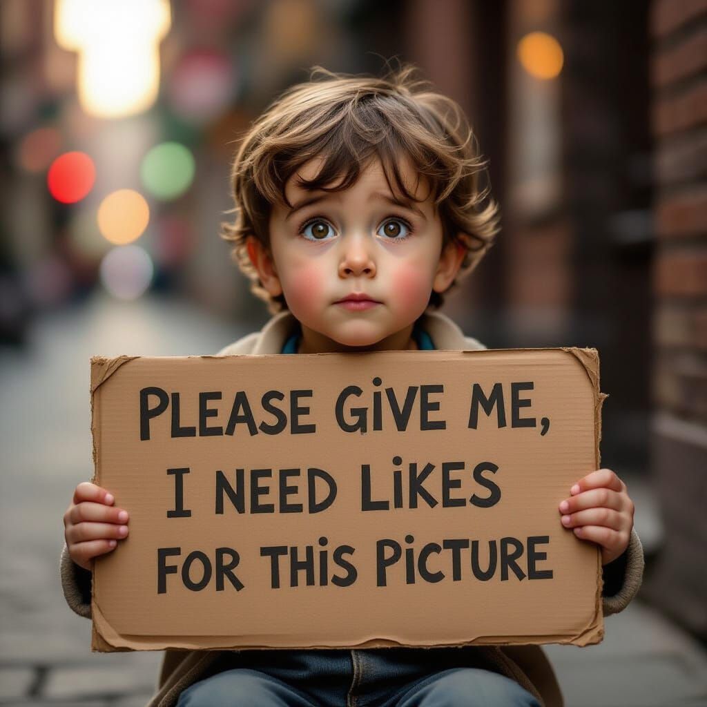 Emotional Boy Holding 'Like' Sign in Cinematic Style