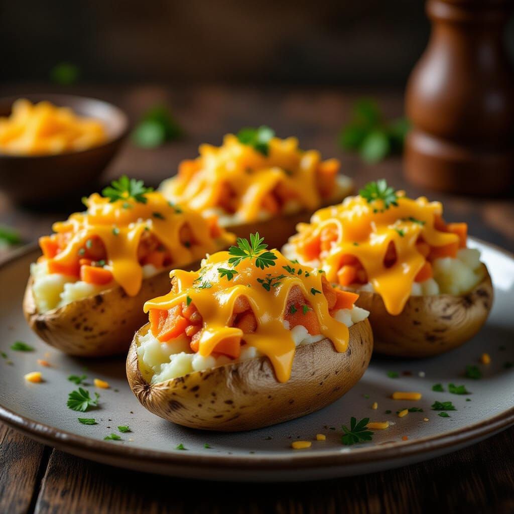 Baked Potatoes with Carrot and Cheese, Photorealistic