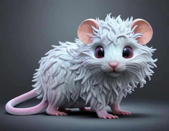 Realistic Fluffy Mouse Creature with Peonies and Hologram