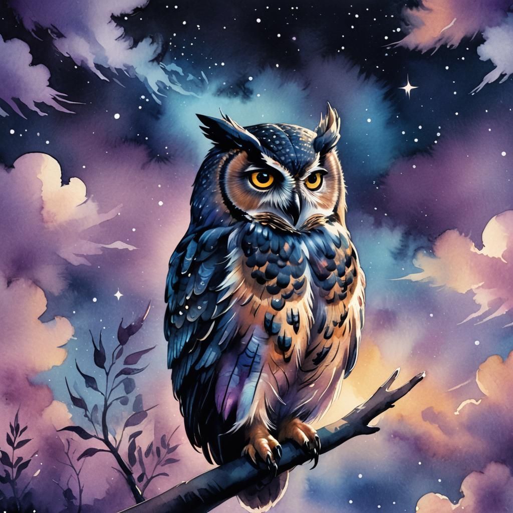 Glowing Night Owl in Shiny Sky: Watercolor Illustration
