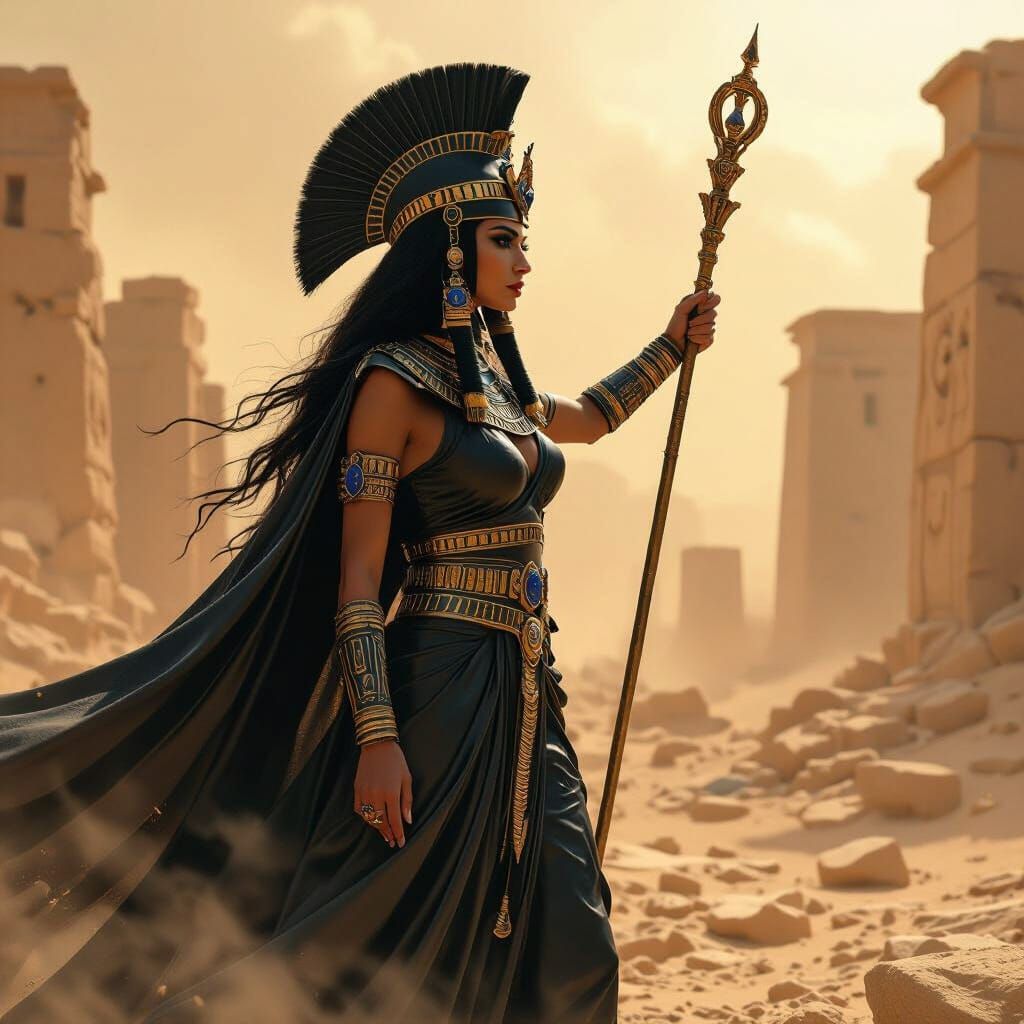 Egyptian Queen Commands Sandstorm in Hyperrealistic Style
