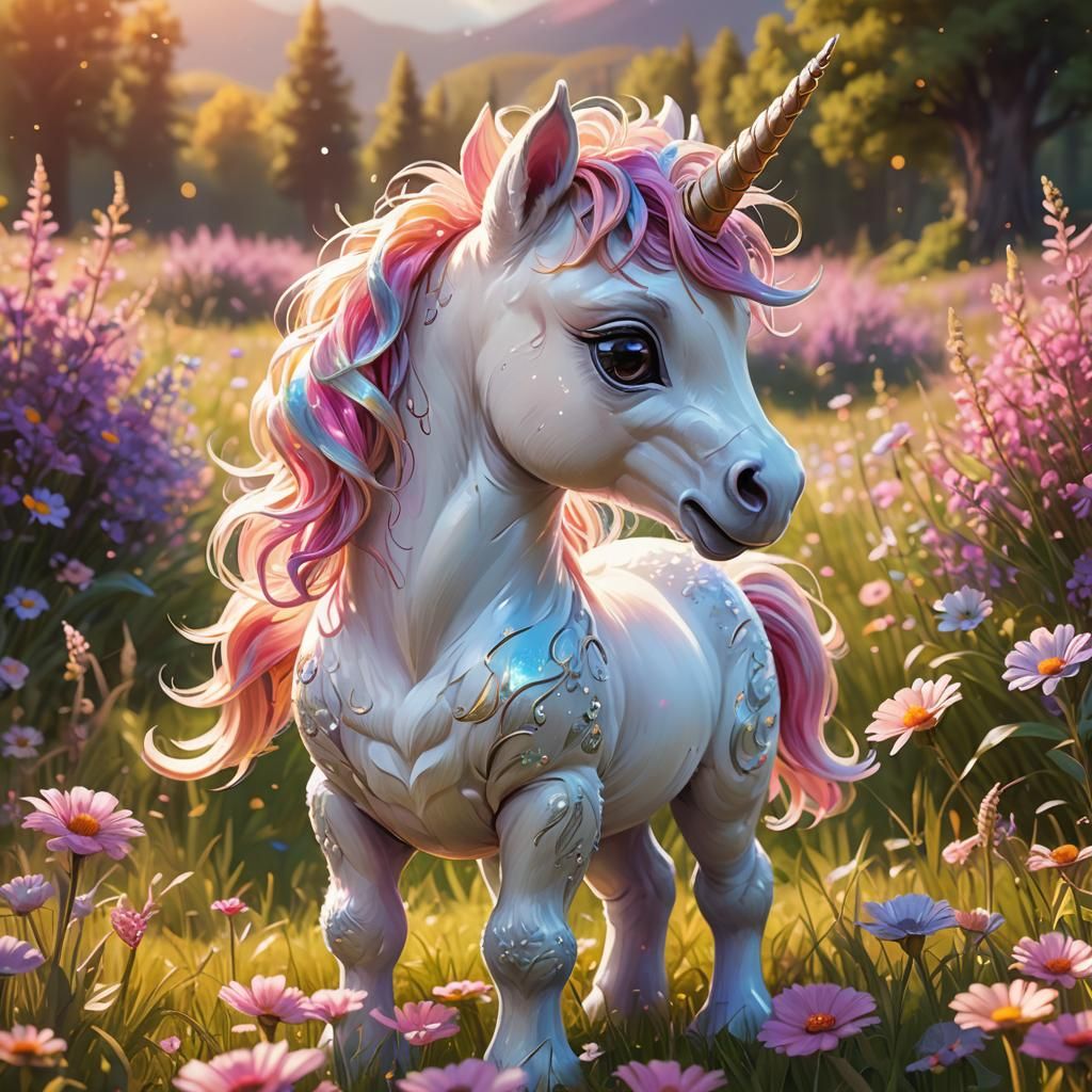 Cute Baby Unicorn in Pixar-style Meadow