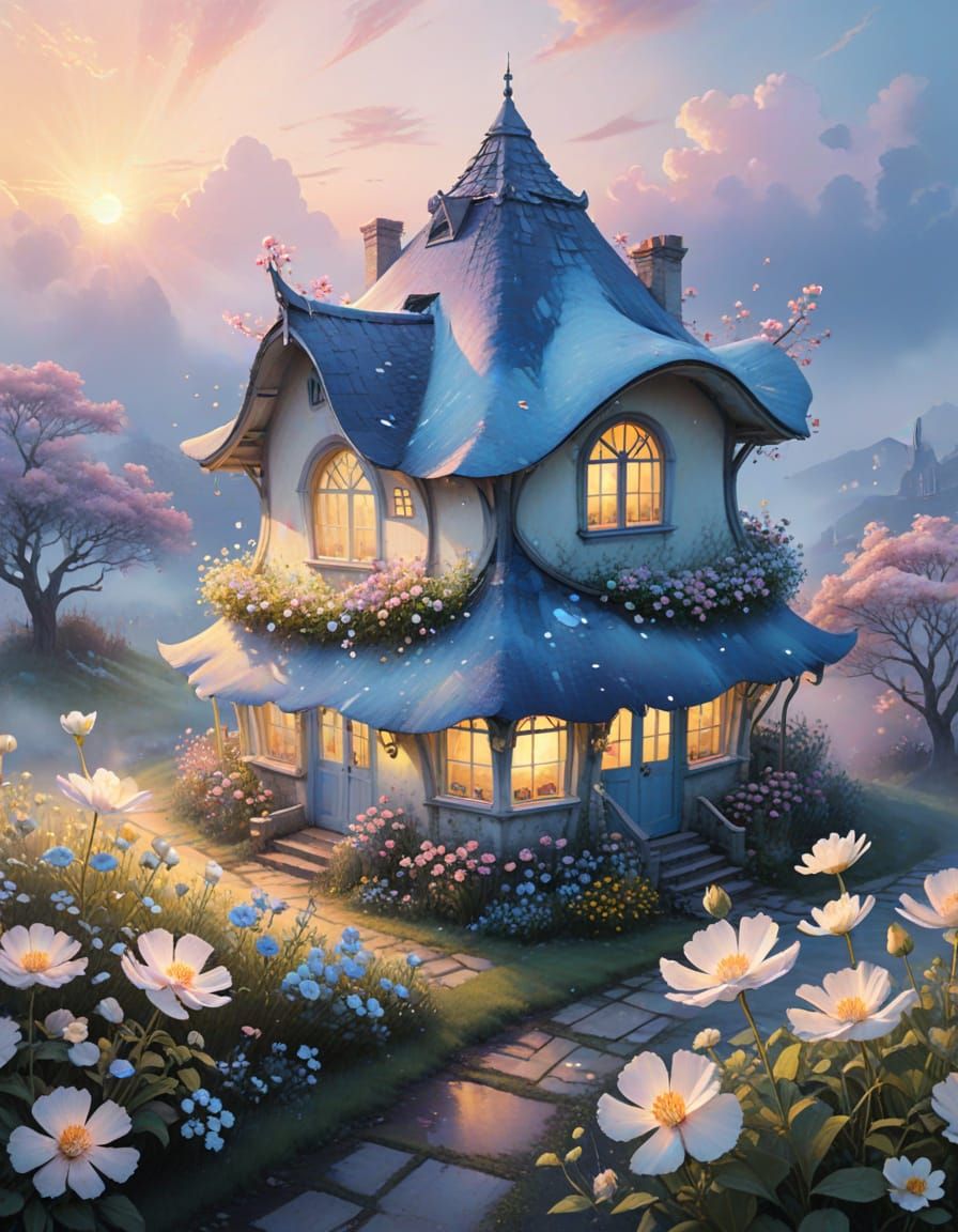 Giant Flower Cottage Aglow at Dawn in Watercolor Style