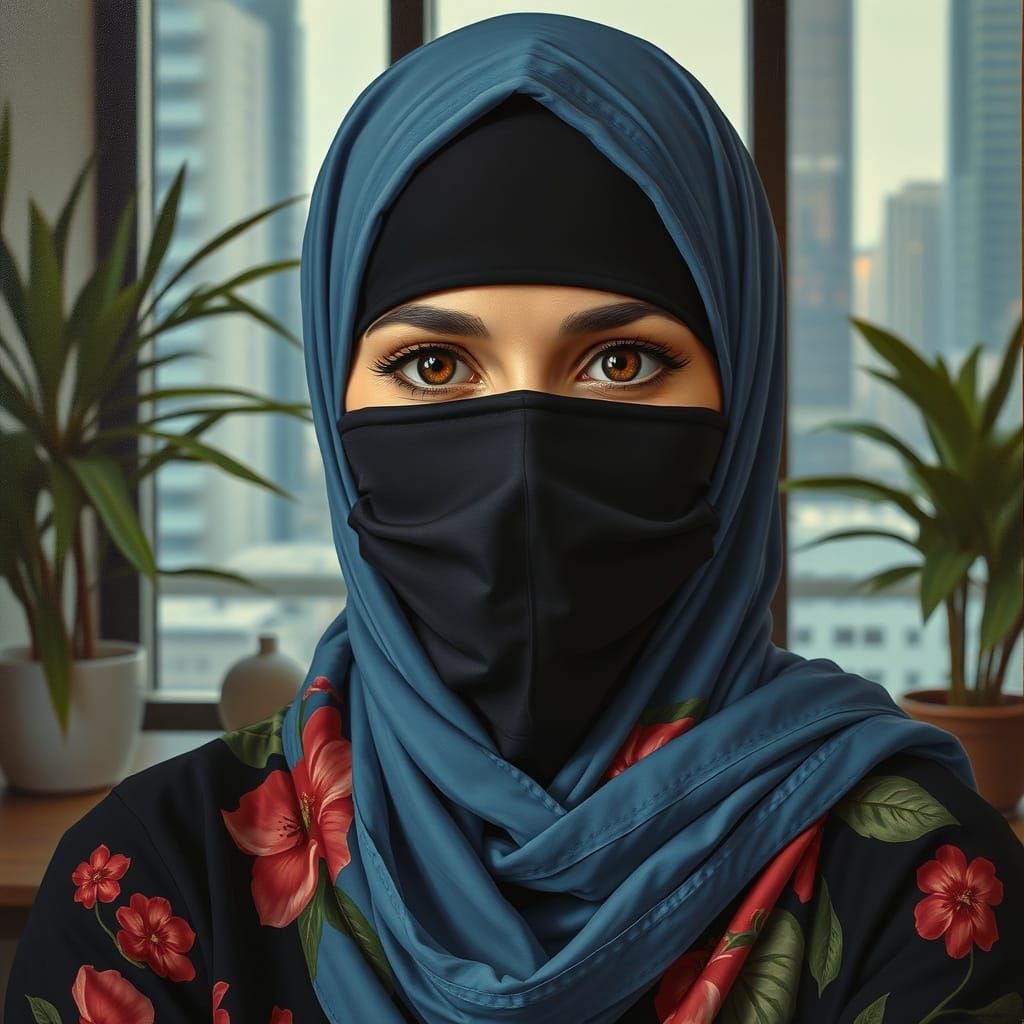 Oil Painting of a Stylish Hijabi Woman in a Planted Office