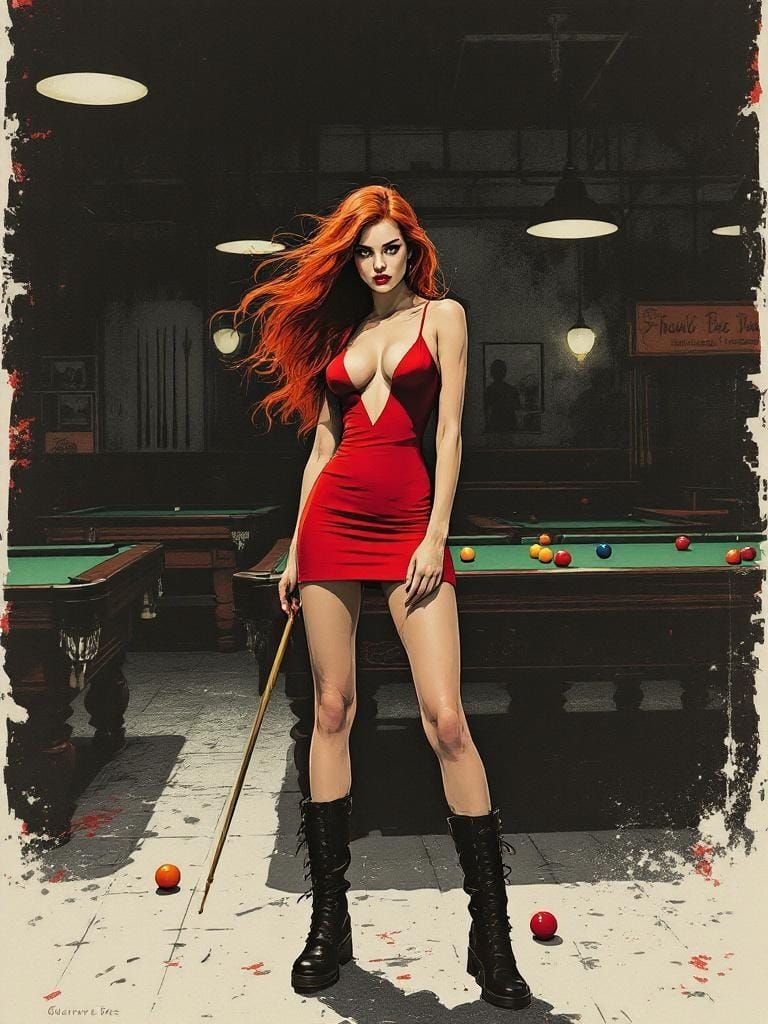 Red-Haired Woman in Pool Hall, Engraving and Color Blocking