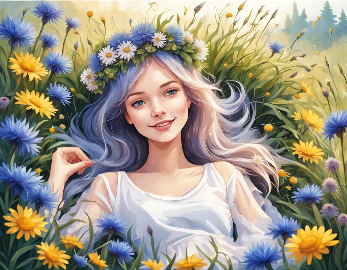 Girl in Flower Meadow: Fantasy Art with Vivid Colors