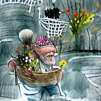 Whimsical Old Man with Flowers: Storybook Ink Illustration
