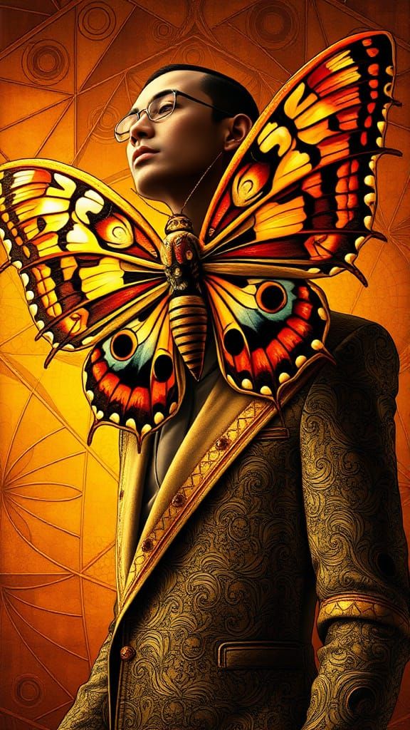 Mocha Moth Transformation Moebius contrasting colors warm colors deep color art deco detailed painting oil on canvas mos...