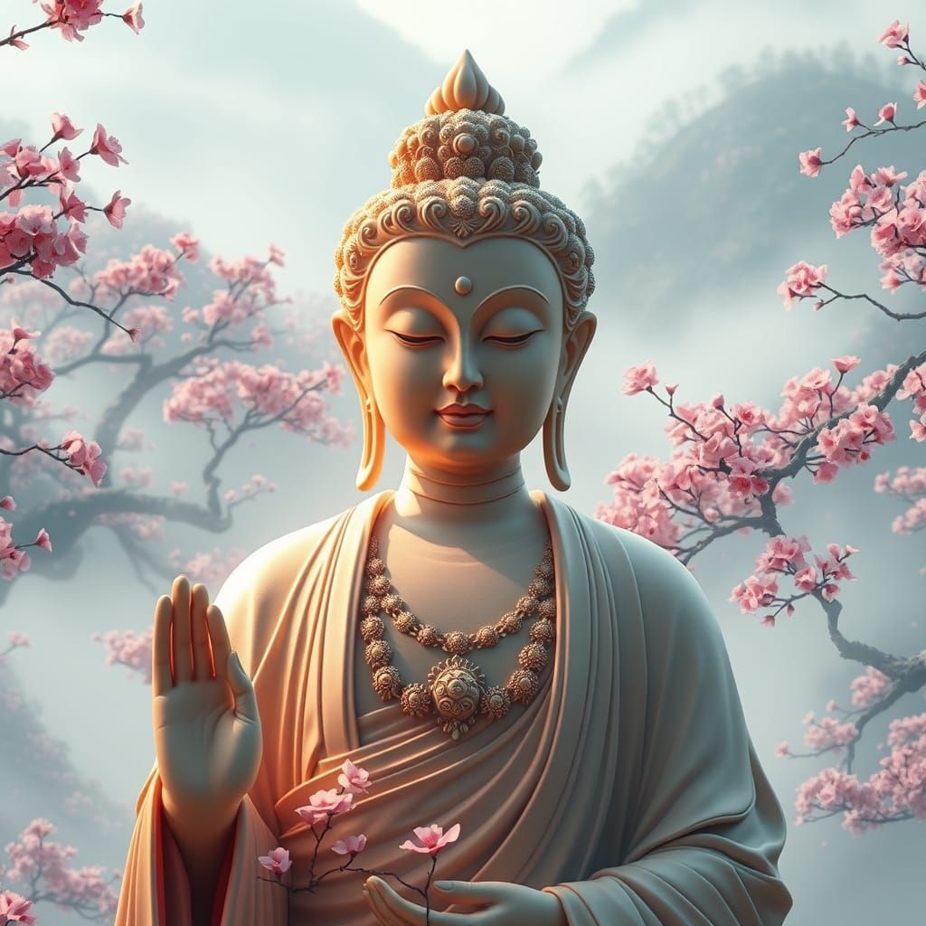 Serene Female Buddha in a Lush Peach Blossom Spring