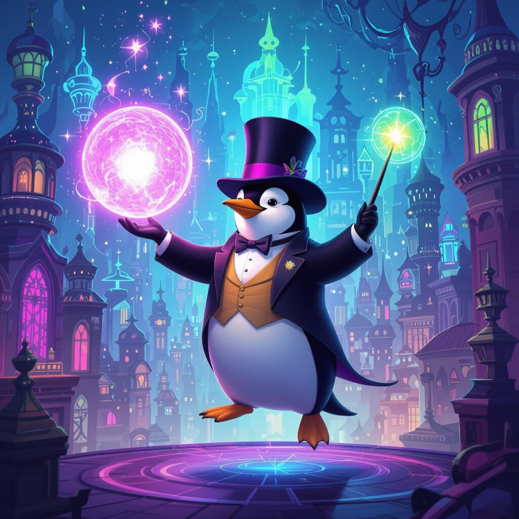 Penguin Magician in Neon Cityscape Digital Painting