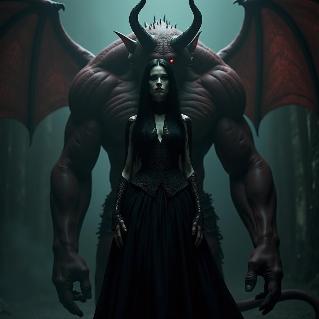 Gothic Woman with Protective Demon, Cinematic Lighting