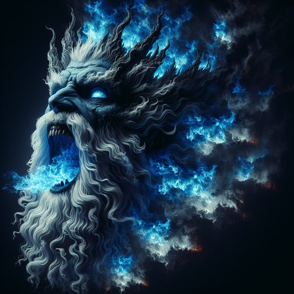 Wrathful Hades Portrait with Blue Flames in Double Exposure
