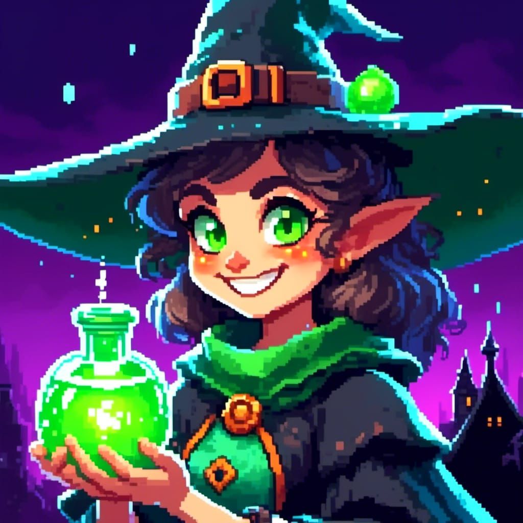Friendly Witch Portrait with Bubbling Potion
