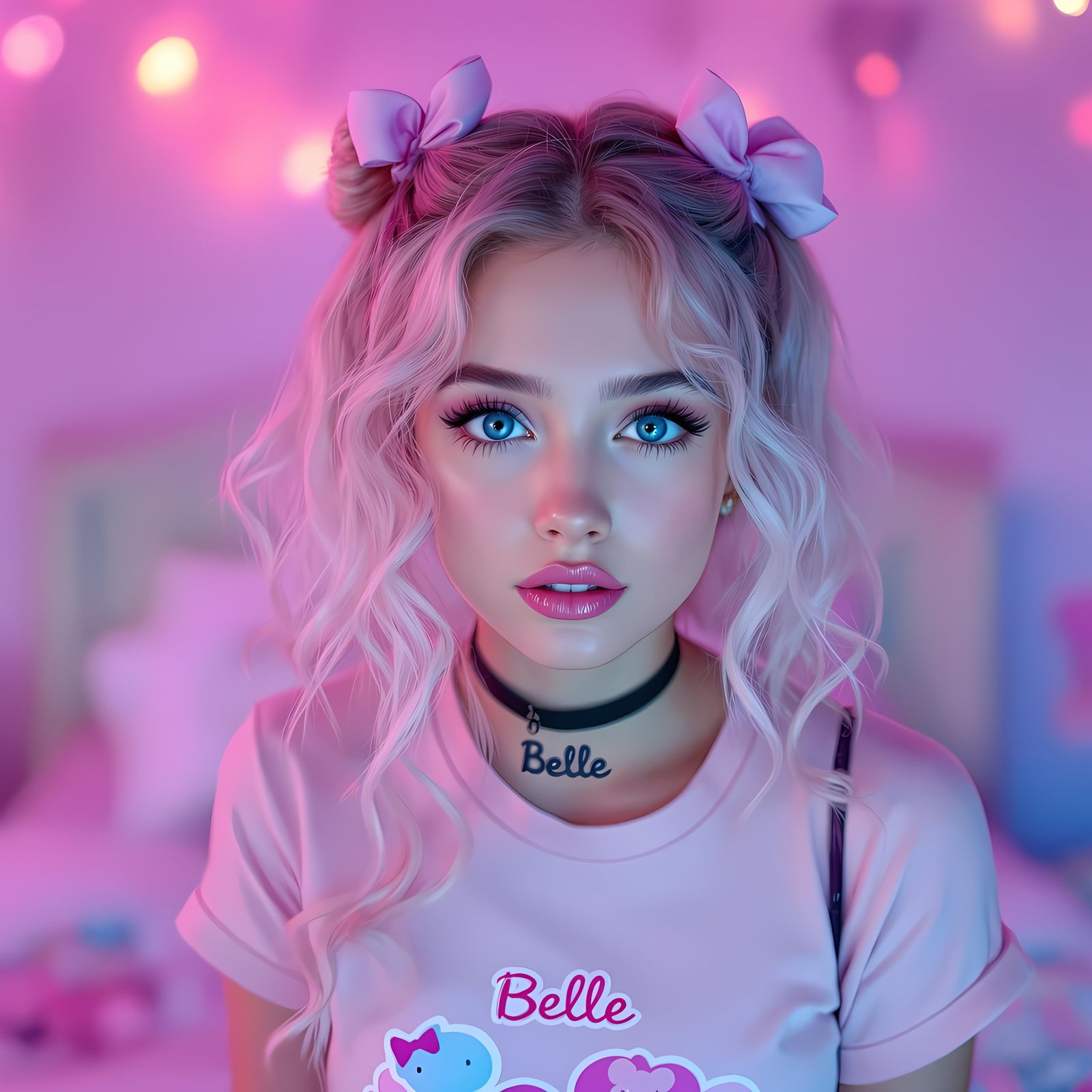 Young Woman in Whimsical Pastel Bedroom
