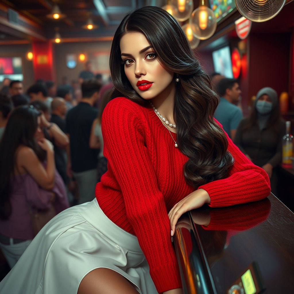 Elegant Brunette in Red Angora Sweater