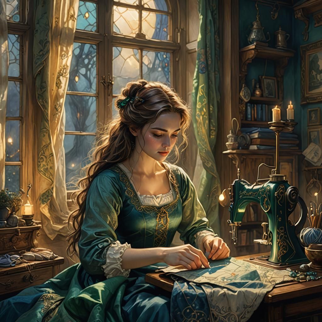 Girl Sewing in Dreamlike Bedroom, Fantasy Art