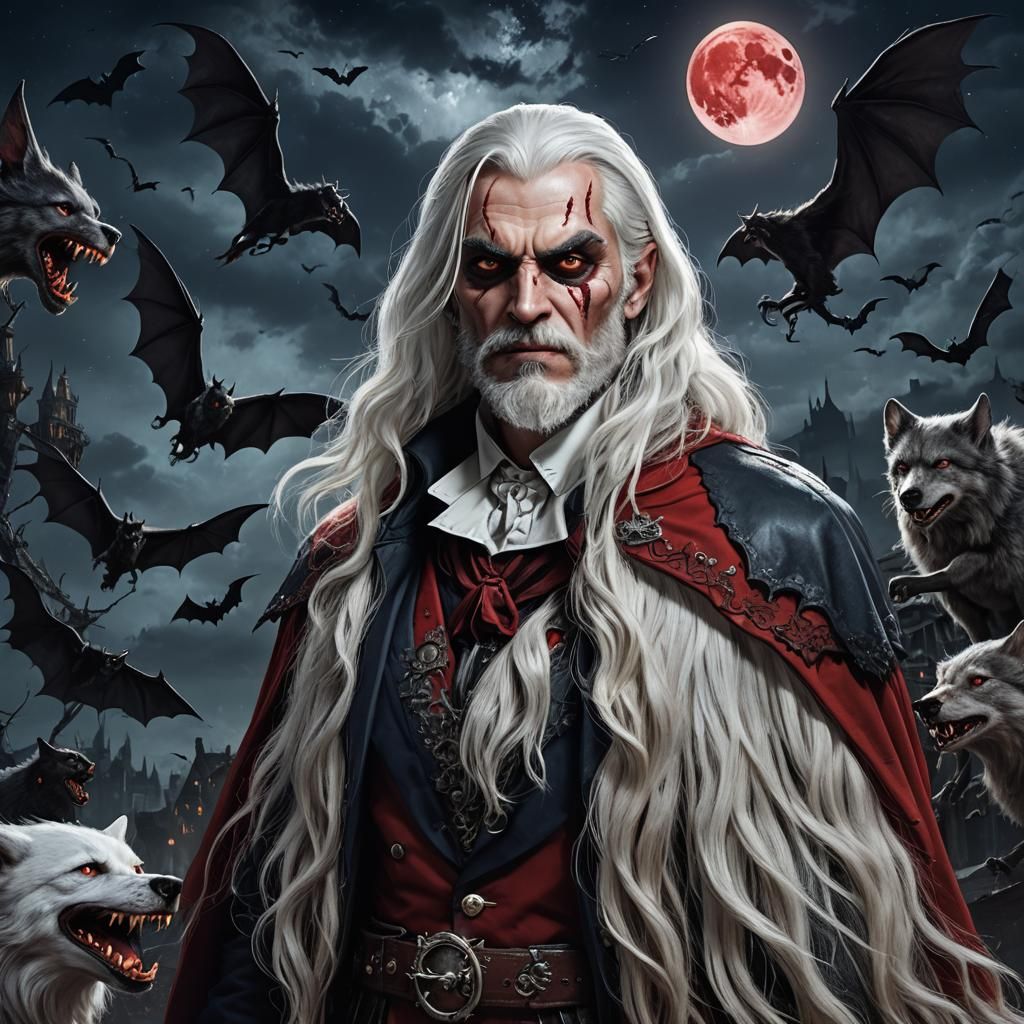 Gothic Vampire with White Hair and Red Coat