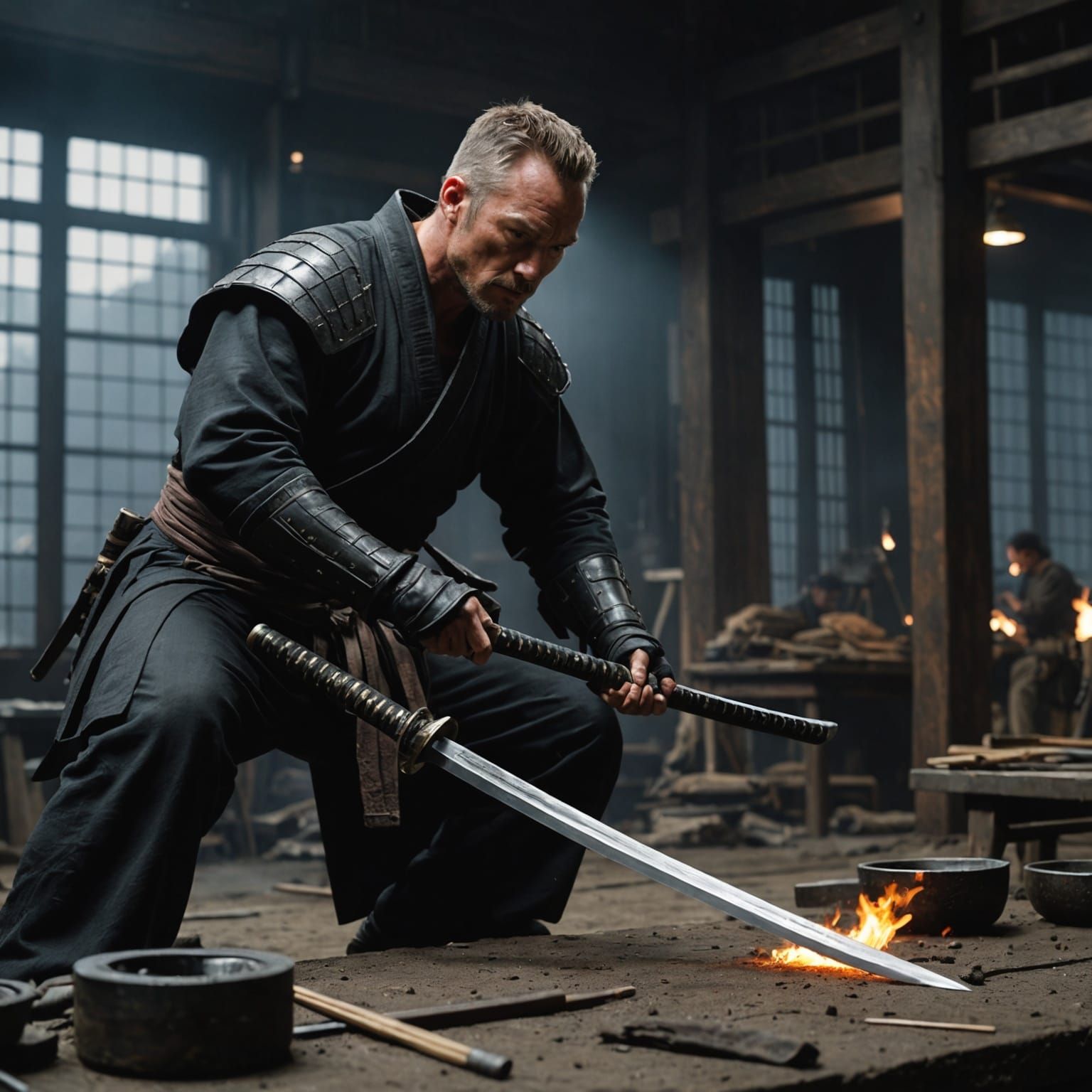 Bladesmith Forging Katana: Detailed Matte Painting