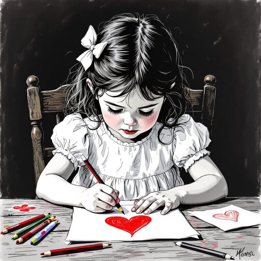 Girl Draws Red Heart: Whimsical Black and White Sketch