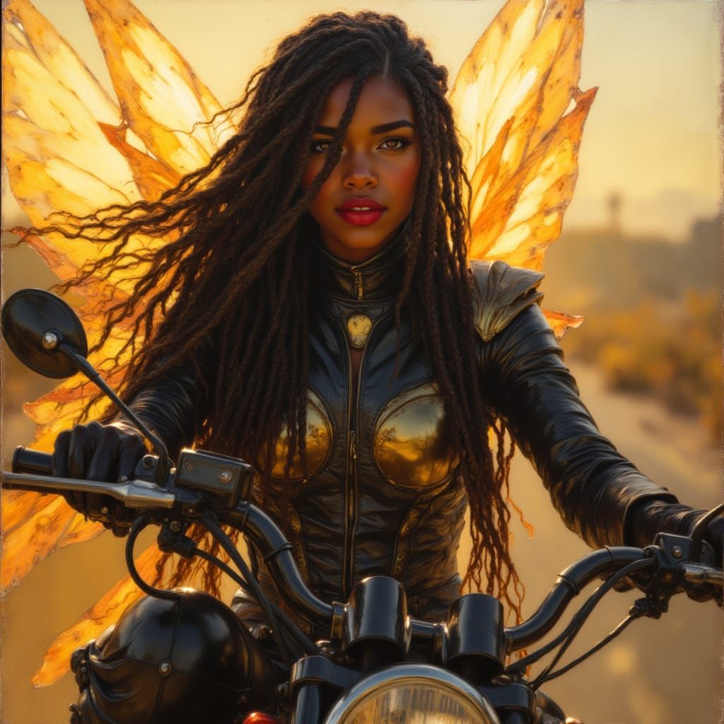 African Goddess Rides Motorcycle: Oil Painting Style