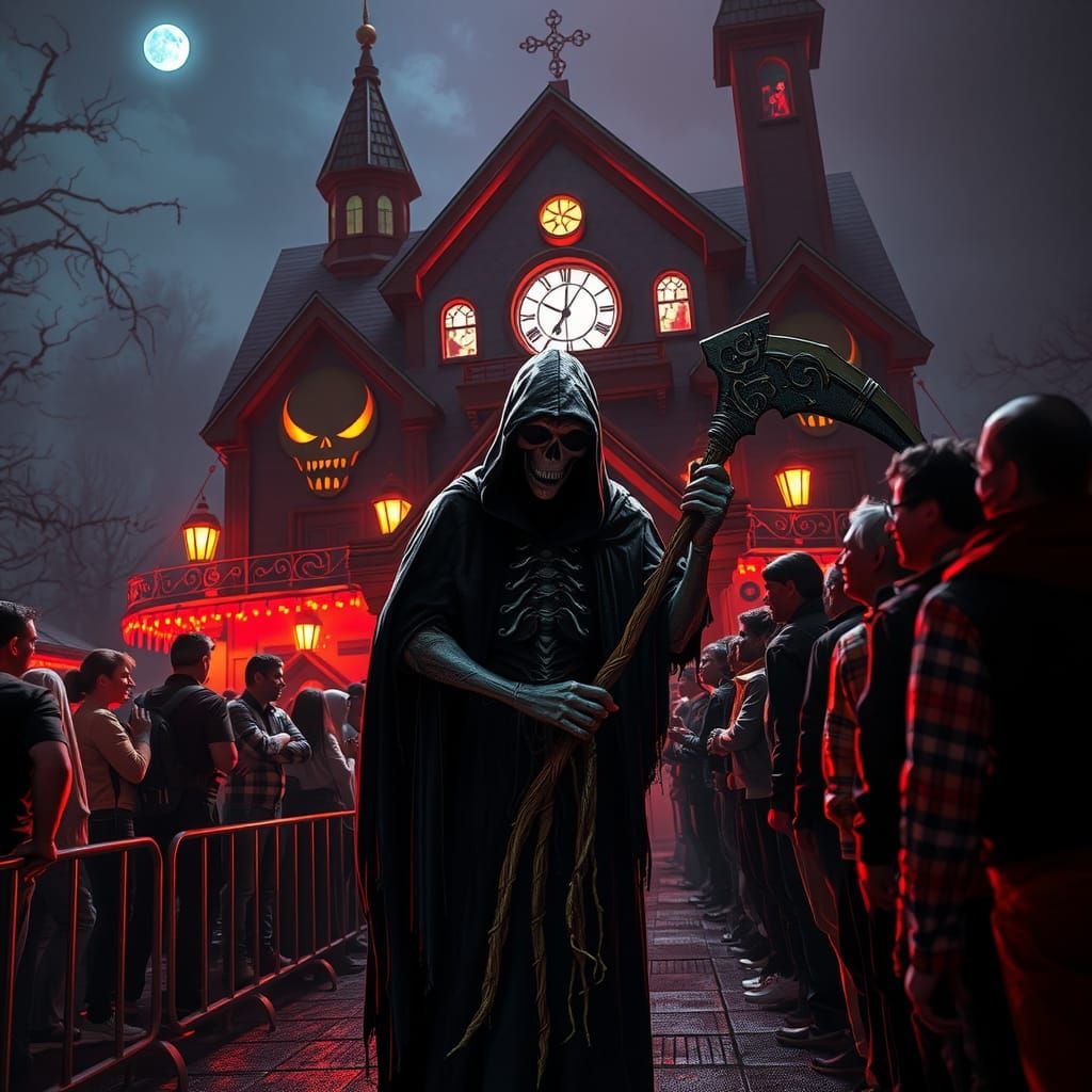 Grim Reaper at Haunted Amusement Park in Dark Surrealism