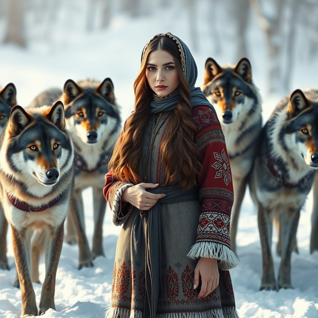 Mystical Bashkir Goddess Amidst Wolves in Winter Wonderland