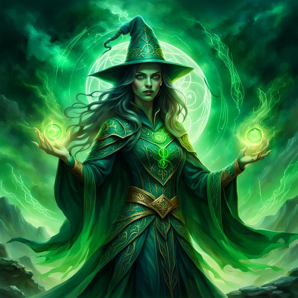Beautiful Witch Emitting Green Energy: Fantasy Concept Art