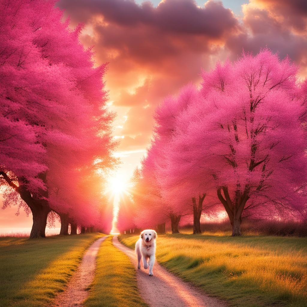 Dog Walking at Sunset Among Pink Trees