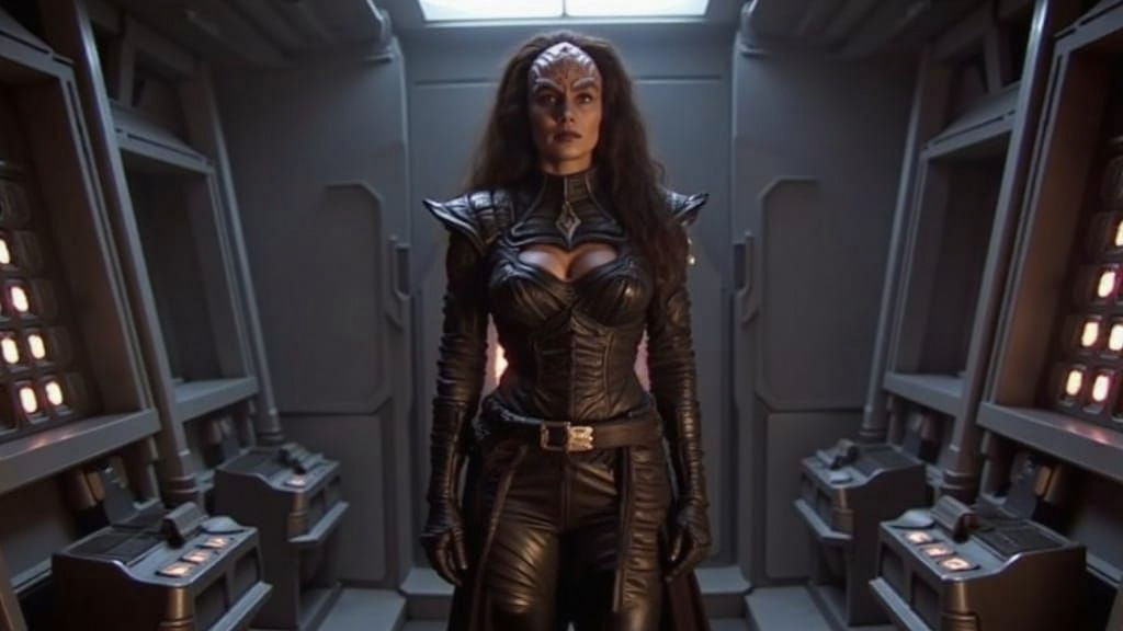 Epic Female Klingon Chancellor in Cyberpunk Space Cruiser