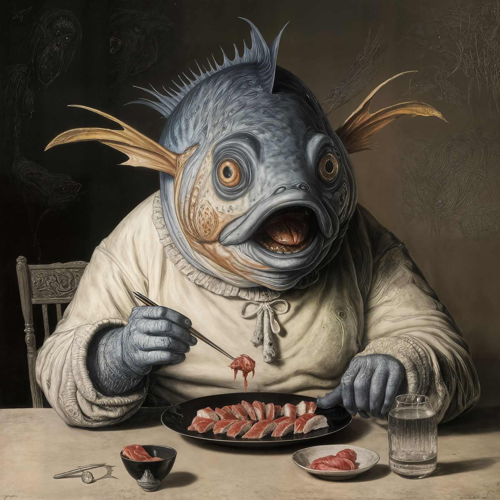 Surrealist Fish Savoring Sashimi in Baroque Charcoal Drawing